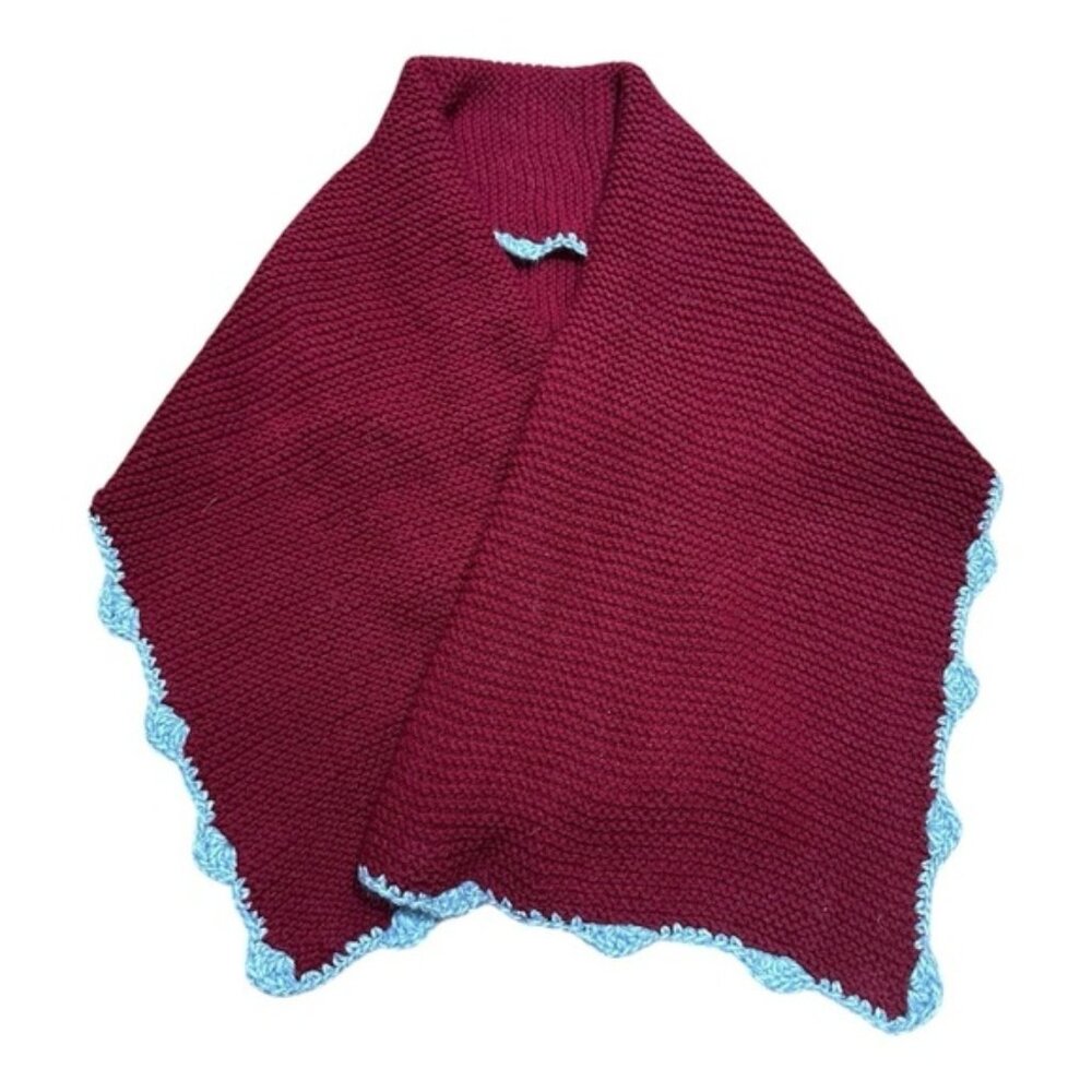 Crochet Scarf Womens OS Red With Gray Trim Handmade 21x54 Outdoor Shawl